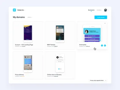 User domains list overview for InstaLinks project app dashboad design instagram mobile navigation product ui ux web