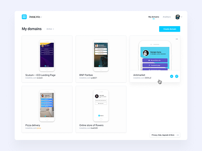 User domains list overview for InstaLinks project app dashboad design instagram mobile navigation product ui ux web