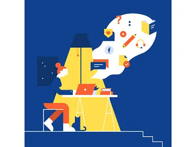 Support Time cat chat desk geometric home icons light night office room support vector work