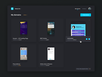 Dark style exploration app dashboard design footer instagram links mobile navigation preview product product card social social app social marketing social media ui ux web