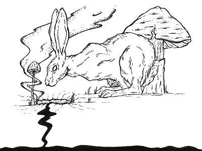 Rabbit - Alice in Wonderland alice aliceinwonderland artwork blackandwhite exhibition hase illustration ink mushroom mushrooms rabbit rabbithole
