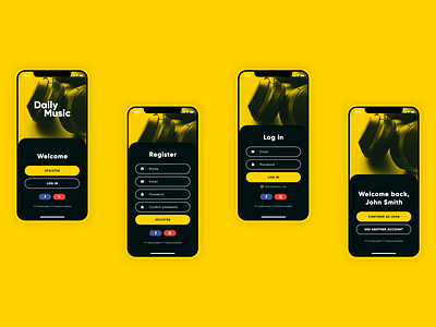 Music streaming app - registration and login - Daily UI 001 adobe xd bright colors daily 100 challenge dailychallenge dailyui dailyui 001 design graphic design music app ui uidesign ux visual design