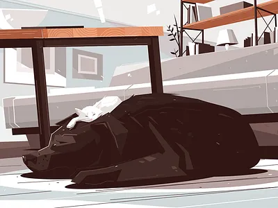 Dog and cat daydreaming in room cat character daydream dog flat illustration kit8 living room sleepy vector