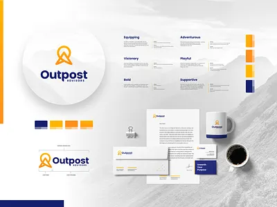Outpost Advisors - style guide overview blue brand branding finance icon logo mountain orange outpost print style guide yellow
