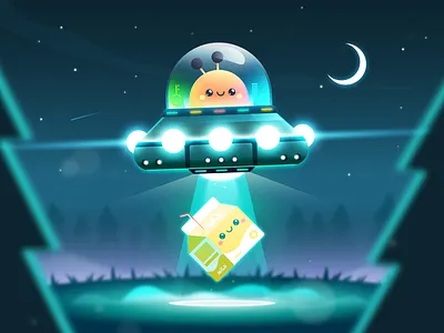 Milk Abduction 2d astronaut branding character character design cute design donut flat icon illustration kids lighthouse milk night plants simple space studio vector