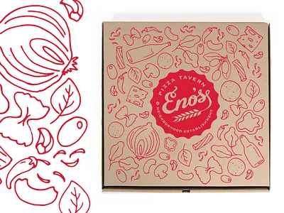 Eno's Pizza Box Design box art box design branding design doodle graphic design identity illustration ingredients kraft paper linedesign logo movement natural organic pizza pizza box pizza logo playful vector