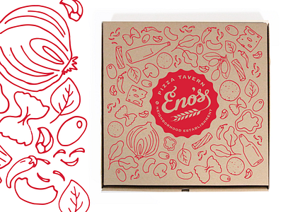 Eno's Pizza Box Design box art box design branding design doodle graphic design identity illustration ingredients kraft paper linedesign logo movement natural organic pizza pizza box pizza logo playful vector