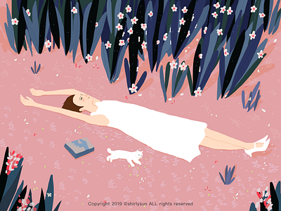 Spring Equinox brush cat girl grassland iiiustrator