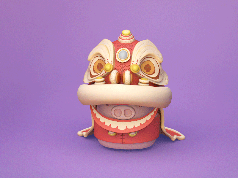 Lion dance in Pig year 3d c4d gif icon illustration lion pig substance painter