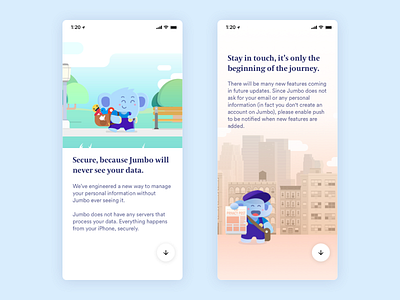 Jumbo Privacy On Boarding screens (part2) app backpack character elephant illustration ios mobile onboarding paperboy privacy walk through