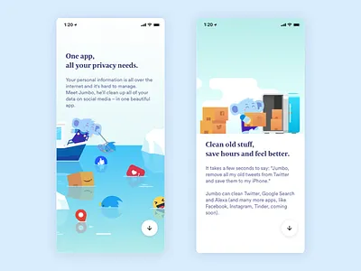 Jumbo Privacy On Boarding screens (part2) amazon app character elephant illustration instagram ios like mobile onboarding privacy safe socials twitter walk through