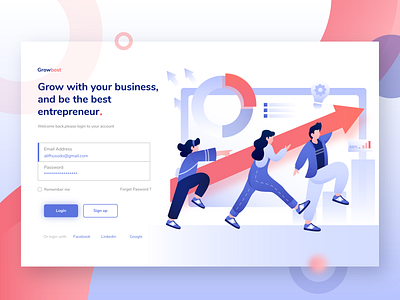 Growbost - business Website Login Illustration business business and finance character character design colaboration design flat design flat illustration gradient header illustration landingpage ui vector web website