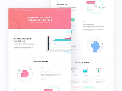 Match2one Features Page advertising platform color clean user interface landing page design m2o website redesign marketing tool match2one features page mockup illustration composition red blue green color usage uiux user interface experience