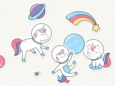 Cute Unicorn Stickers animal astronaut bright colorful comet cute fairy tale galaxy icon illustration minimalist miracle simple stars stickers thin line unicorn universe