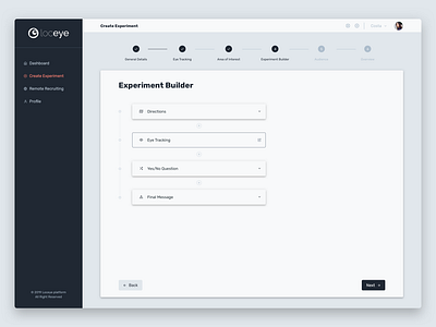 Loceye app - Eye Tracking experiment builder accordion app dashboad dashboard app design drag n drop platform stepper ui ux