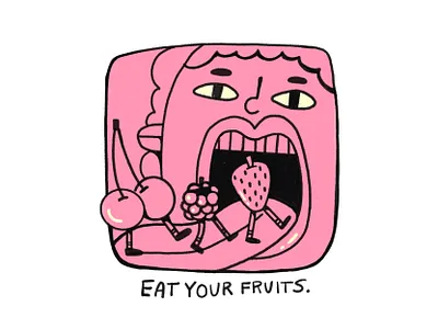 EAT YOUR FRUITS cave challenge cherry eat eyes face food fruit healthy human illustration mouth person procreate strawberry