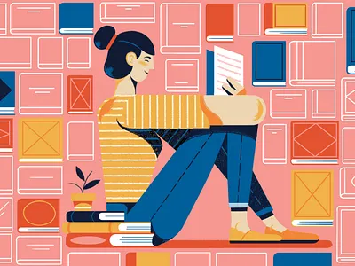 Reading books character digital folioart home illustration michael driver reading woman
