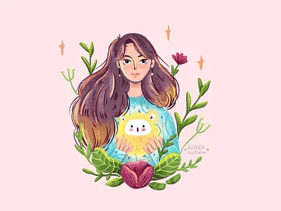 Girl holding a creature avatar design book illustration children art children illustration colorful creature creature design editorial art girl illustration portrait art woman