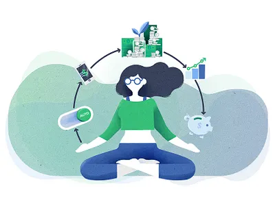 Creditbuilder - Yoga Girl app creditbuilder dollars girl illustration money multi tasking online piggybank remittance savings web yoga