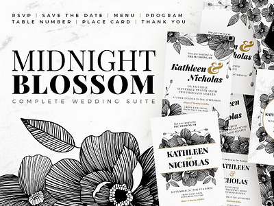 Midnight Blossom bride floral art floral design flowers invite minimal template builder wedding wedding cards