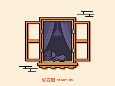 Cat Sunbathing On Window - Wallpaper cat design house illustration istanbul minimal orange purple sunbathing sunny vector vector art vintage wallpaper wallpaper design window wood