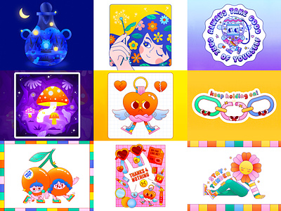 Top Nine 2022 bright chain character character design childrens illustration colorful colors concept cute design flat flowers fruit fun happy illustration simple texture top 9 vector
