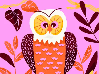 Mr. Owl birds illustration kind of cross eyed nature owl pink trees