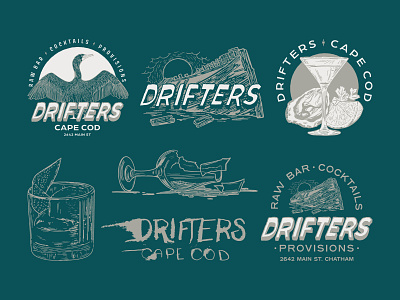 Drifters badgedesign bar branding cape cod cocktail cormorant drifters graphic design illustration illustrator martini merch new england oysters provisions raw bar restaurant shipwreck type lockup typography