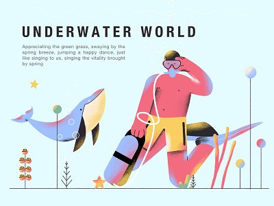 Underwater World diver diving dolphin illustration motley summer swim ui underwater world 人物 包装 插图 插画 植物 熊猫 设计