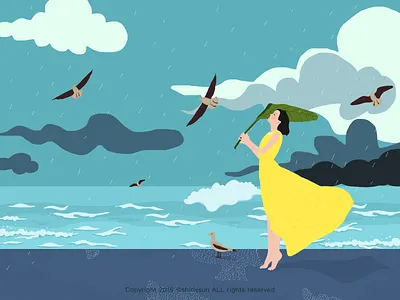 Rainwater beach birb brush cloud girl illustration