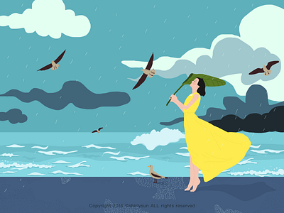 Rainwater beach birb brush cloud girl illustration