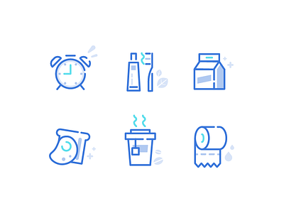 Morning Routine alarm clock bread breakfast coffee design egg fry egg icon linear milk toast toilet toothbrush ui ux vector