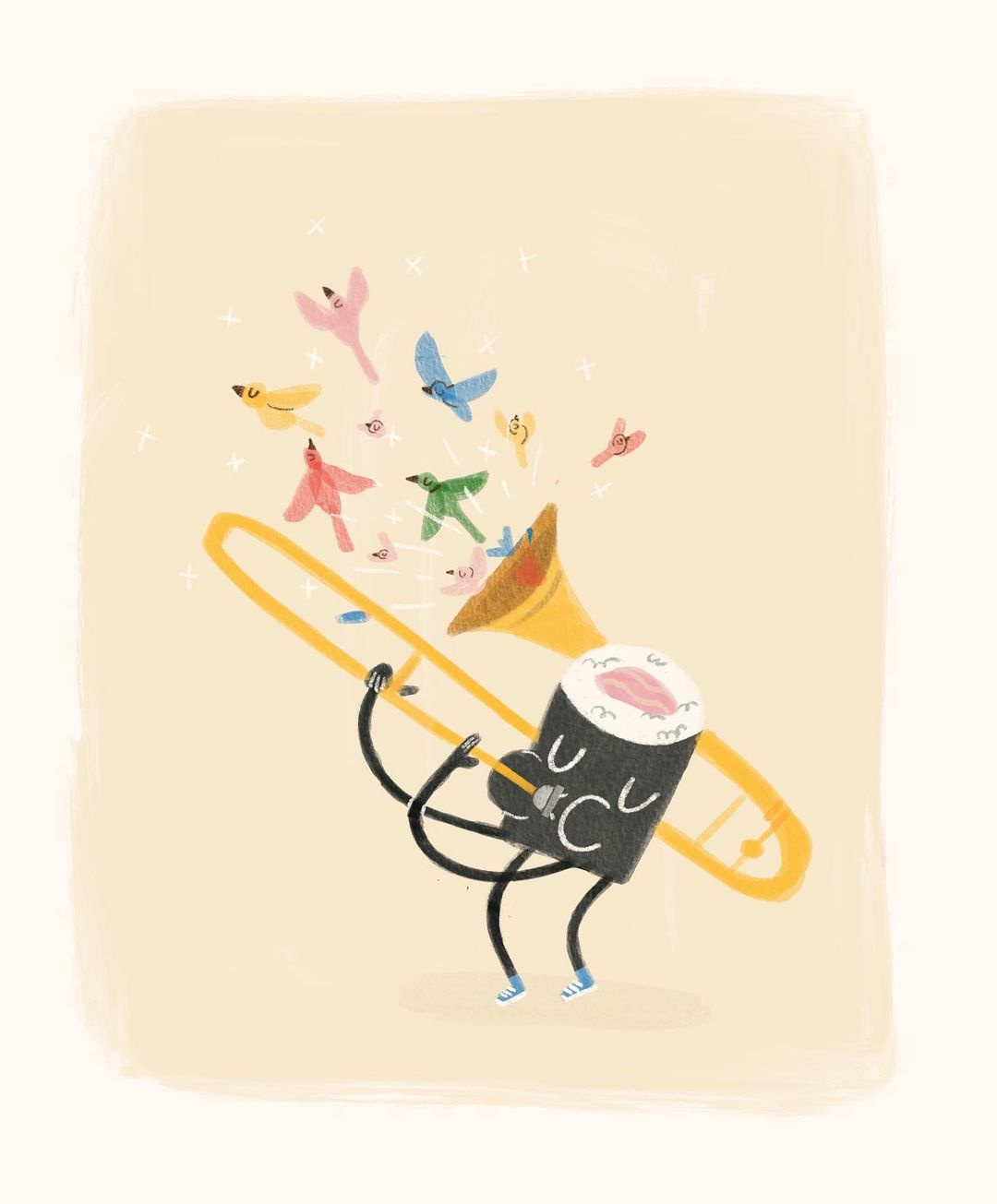 Music for a Sushi Restaurant birds brass dance dancing flock happy harry styles harrys house illustration instrument joy music procreate restaurant sushi trombone