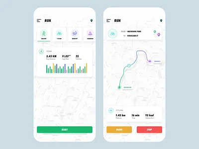 Running App app cycling design destination map run running sports statistics trending ui uiux ux