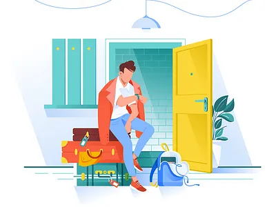 Man waiting trip bags flat illustration journey kit8 man travel trip vector weekend