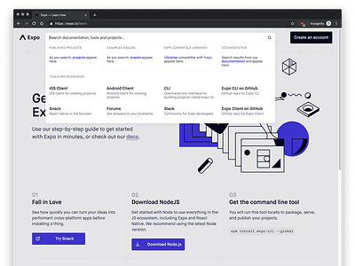 Expo — Learn page & search feature website