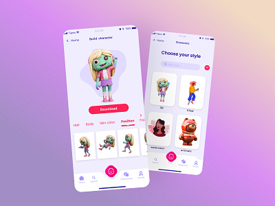 Character builder | e-commerce app 3d app design character e commerce figma illustration ios lego mobile app pink product design tab bar ui design ux design zombie