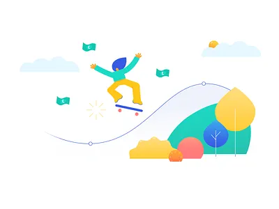 Pockee Illustration Series app banking character colorful family finance fintech illustration kids minimal skate board vector
