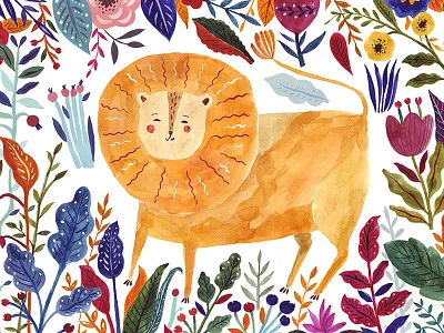Watercolor Illustration with Lion art poster botanical character drawing floral flowers illustration leaves lion nature painting watercolor watercolor art watercolor painting webdesign wildlife