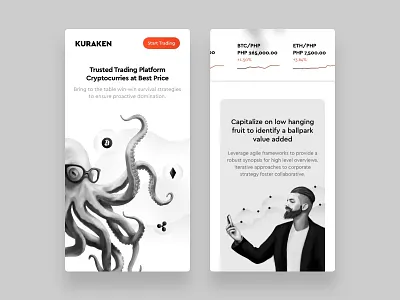 Crypto Mobile Page bitcoin black and white blockchain crypto design ehereum explorations illustration kraken landing mobile octopus orange page platform responsive trading ui web web site