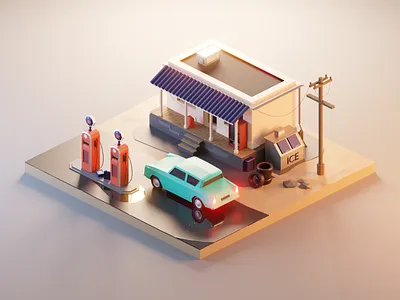 Vintage Gas Station 3d blender car design diorama gas station illustration isometric low poly lowpoly lowpolyart model render vehicle vintage