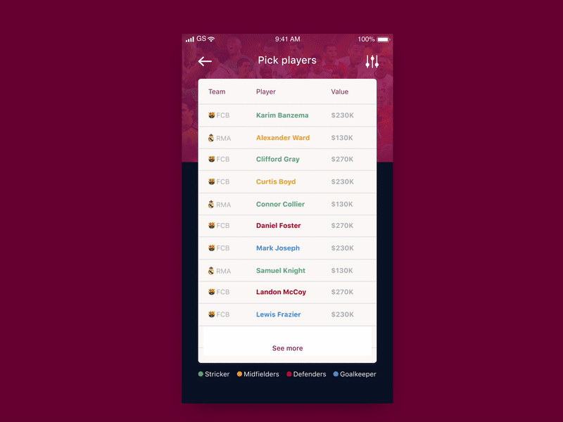 Player profile animation animation clean interface design football app invision studio sketch ui ux design