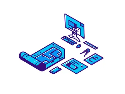 Blueprints 3d apple pencil architect architecture blue computer contrast ipad pro isometric line mono office paper phone purple ruler tools white