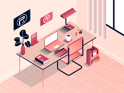 Desk redux 3d breuer cab booking camera coffee colors desk desk lamp fjällräven flat grid illustration isometric metal periphery pink wacom