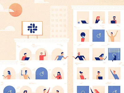 Slack communities building cat character city colors communities flat girl illustration laptop minimal minimalist online slack team teamwork windows woman working