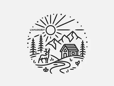 Spring Scene cabin illustration linework monoline print