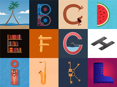 36daysoftype 36daysoftype adobe beach books boot character daschund dog fries gradient illustration illustrator keys library palms pool saxophone turntable vector watermelon