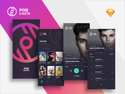 POD CASTR art artists branding design freebie freebies music player podcast sketch splash ui