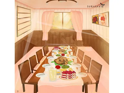Dining Room autumn big meal design dining room fall illustration vector
