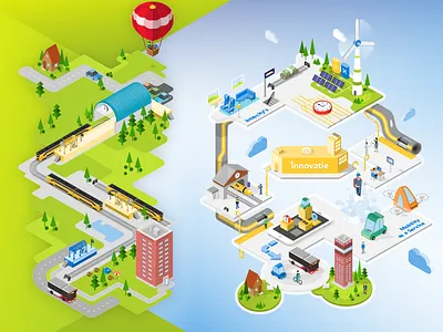 Infographic NS air balloon app autocopter bicycle bus car future infograhic innovation isometric art jetpack office station train trip